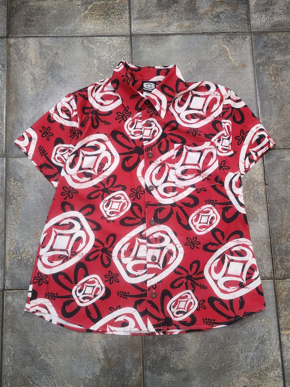 Vintage Maui Built Men's Large All Over Print Hook Hawaiian Button Up Shirt